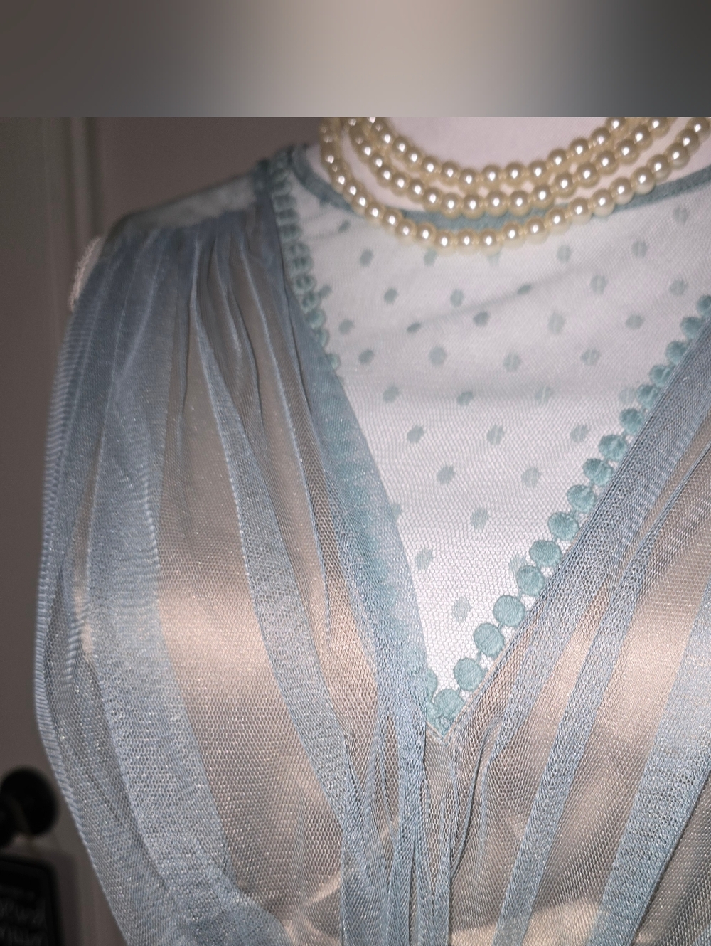Powder Blue Sheer Tulle Cocktail Dress with Velvet Waistband Tan Underslip Large - Picture 7 of 16